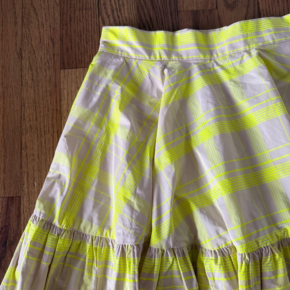 H&M Neon Yellow Plaid Tiered Ruffle Mini Skirt Flared Check Pockets Size 8 - Picture 10 of 11